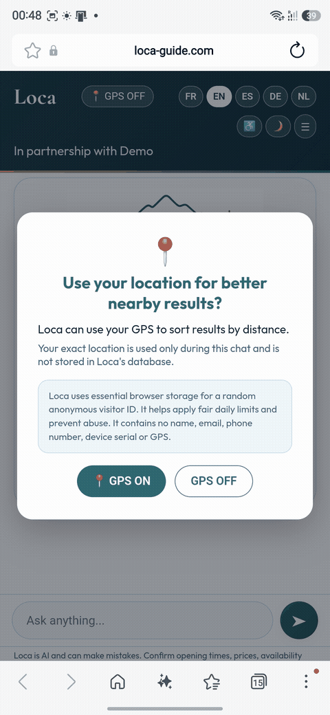 Loca continuous phone demo showing a restaurant recommendation flow followed by a full day itinerary being built